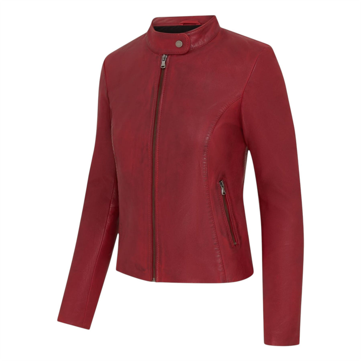Womens Leather Stand Collar Racer Biker Jacket - 181