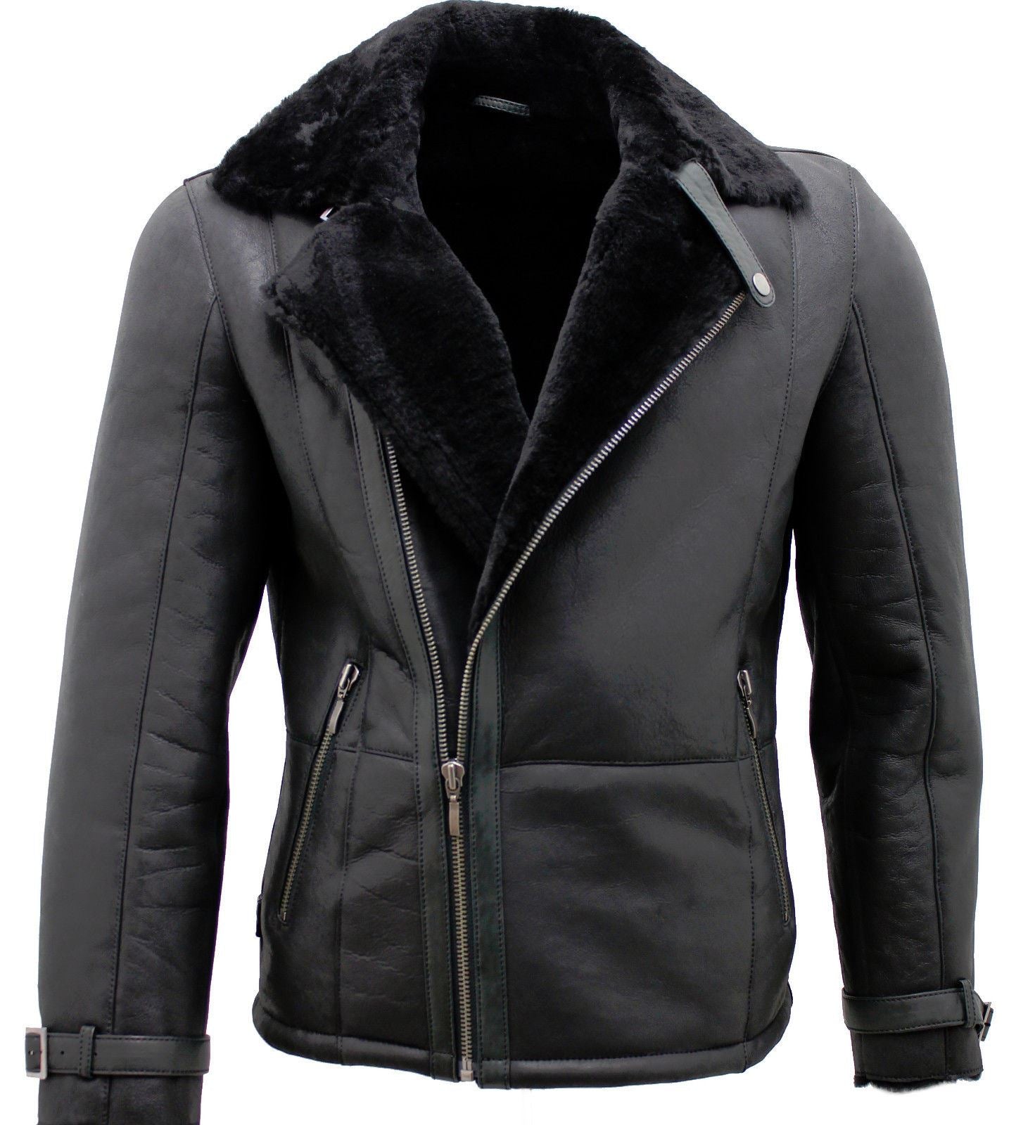 Mens Breasted Sheepskin Leather Biker Jacket-Heathfield