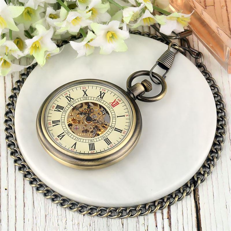 Mechanical Bronze Skeleton Antique Open Face Pocket Watch