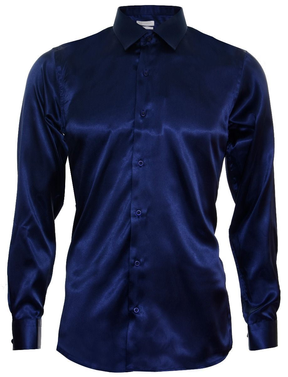 Mens Blue Satin Silk Shirt Smart Casual Button Down Cuff Tailored Fit