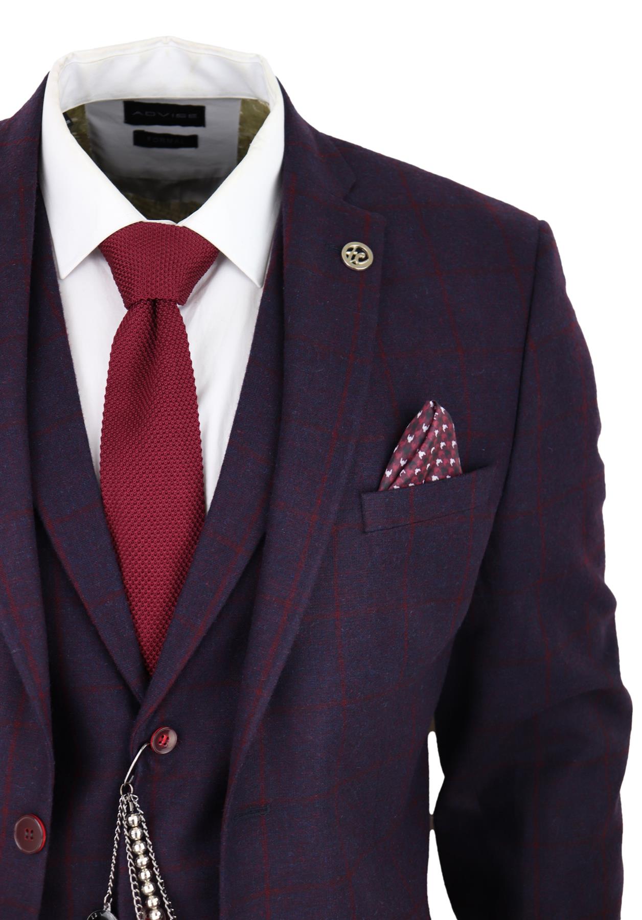 Mens 3 Piece Tweed Suit Plum Purple Check Peaky Blinders Classic 1920 Gatsby