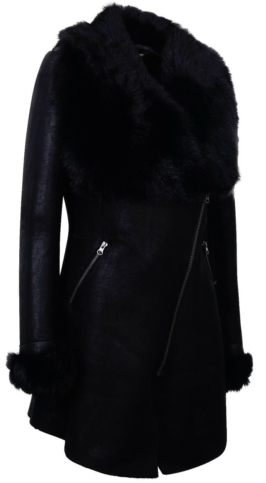 Womens Black Merino Shearling Toscana Coat-Romford