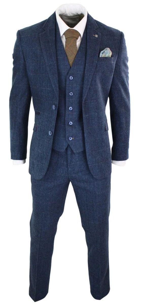 Mens 3 Piece Navy Blue Tweed Herringbone Vintage Classic Suit