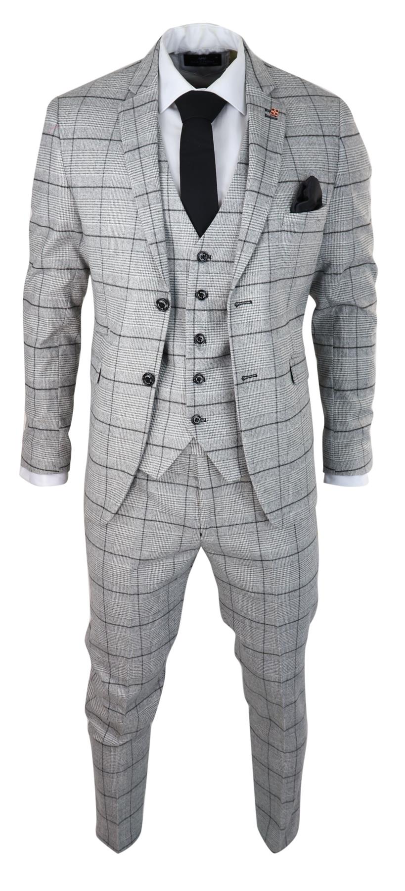 Mens 3 Piece Tweed Suit Grey Check Peaky Blinders 1920 Gatsby Wedding Suit