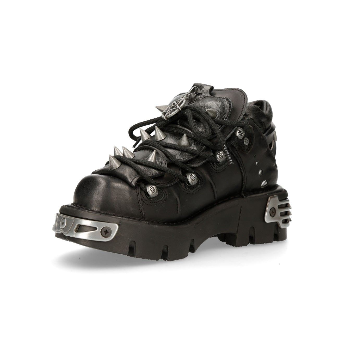 New Rock Black Leather Spiked Ankle Boots-110-S1