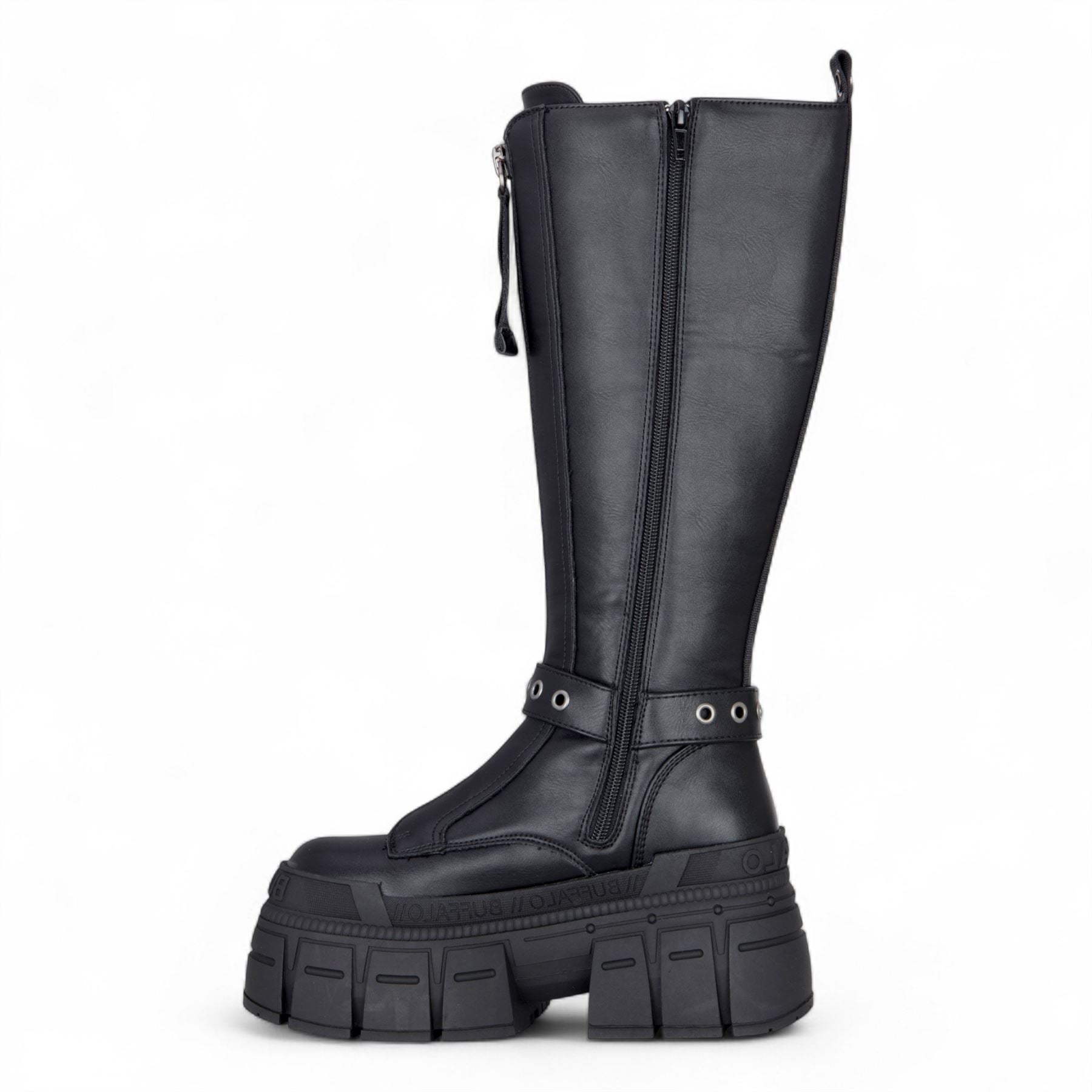 Buffalo Womens Biker Knee High Black Chunky Goth Platform Boots - Gospher Hi