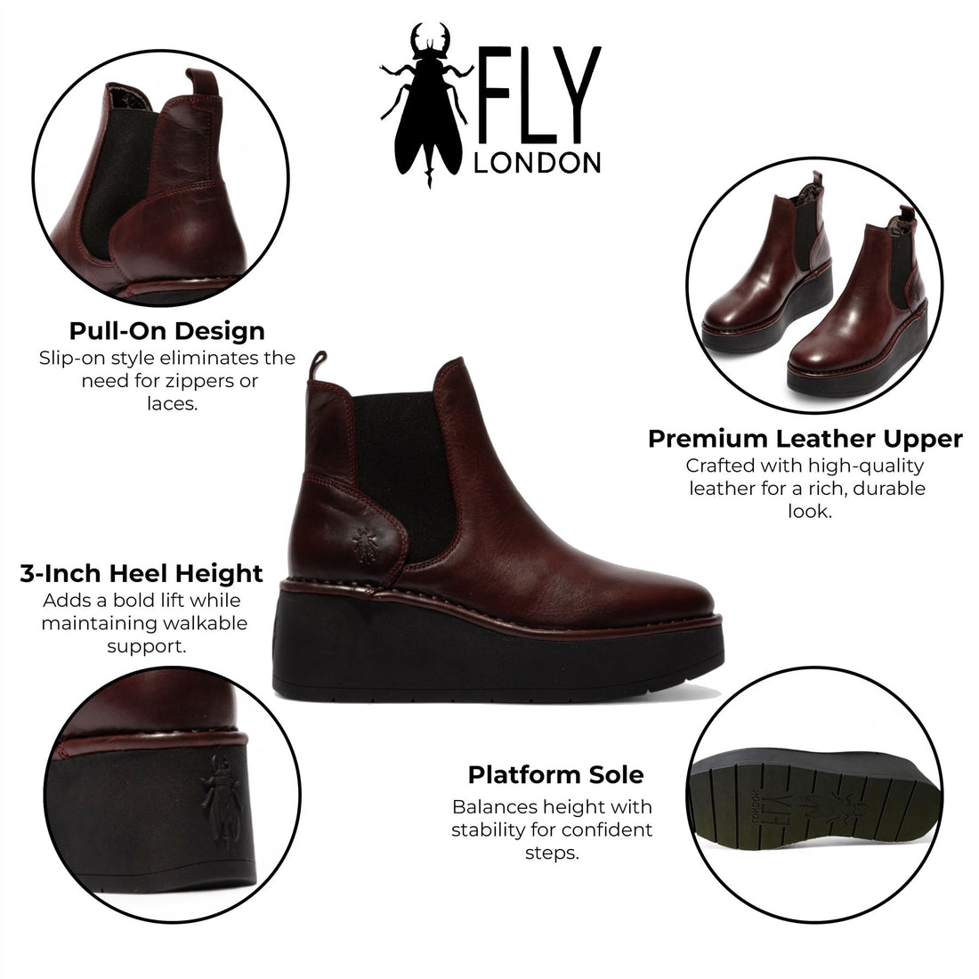Fly London Womens Wine Red HELY268 Chelsea Leather Ankle Pull-On Platform Comfort Boots