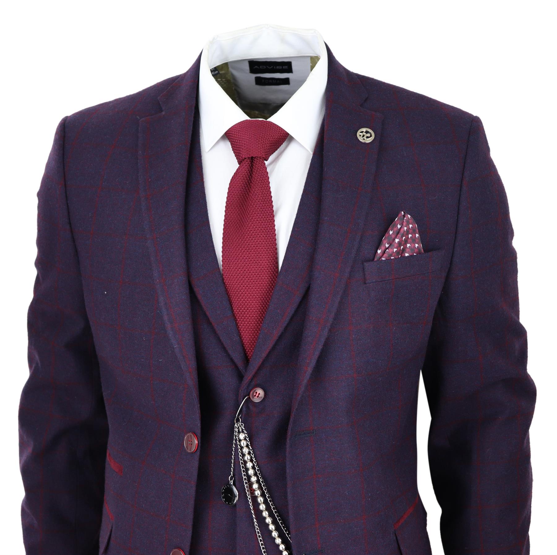 Mens 3 Piece Tweed Suit Plum Purple Check Peaky Blinders Classic 1920 Gatsby