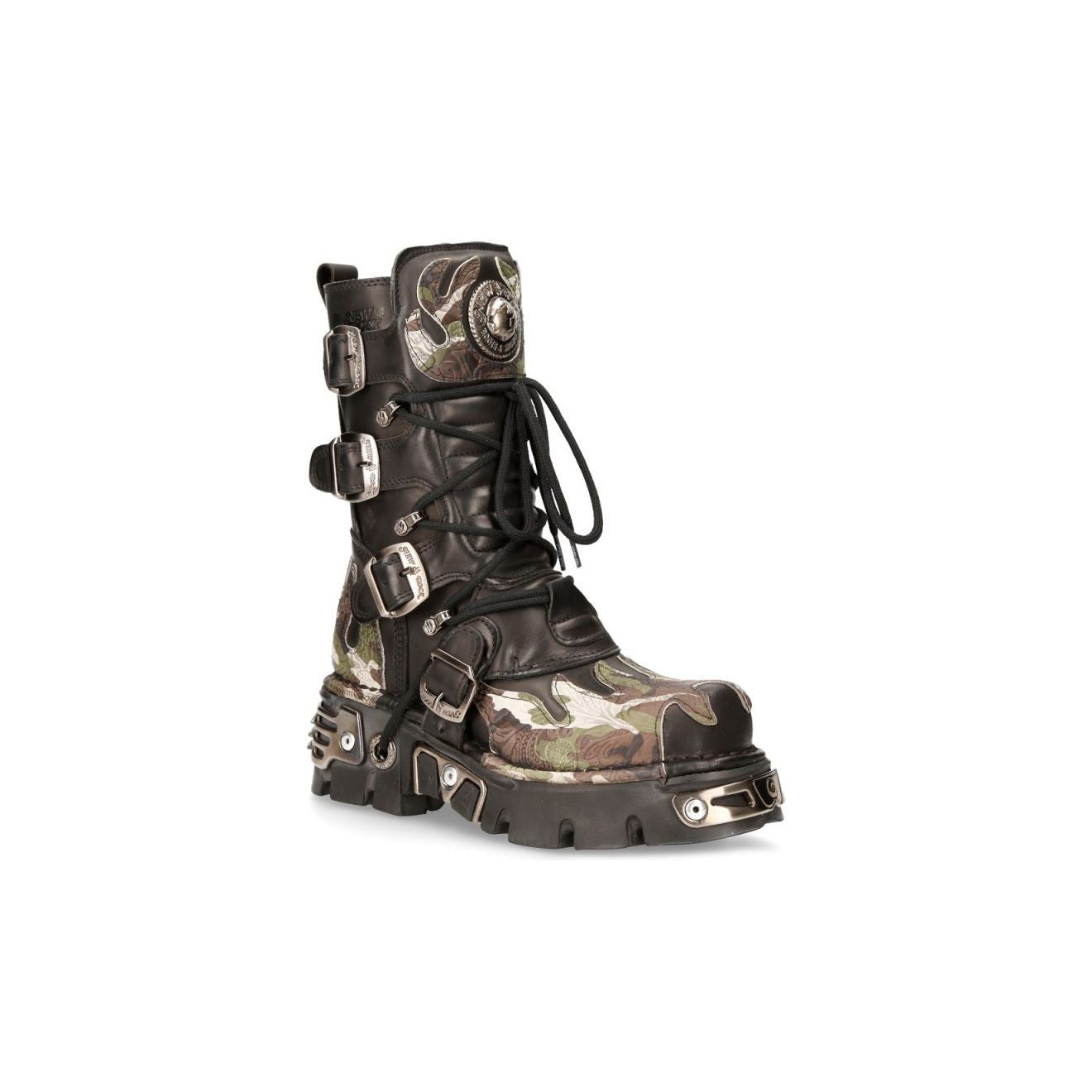 New Rock Flame Accented Camouflage Leather Biker Boots- M-591-S15