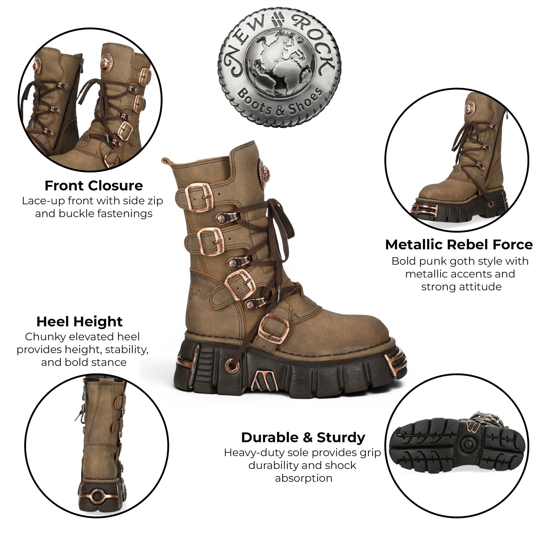 New Rock Brown Leather Gothic Mid-Calf Biker Boots - M-373XL-C120