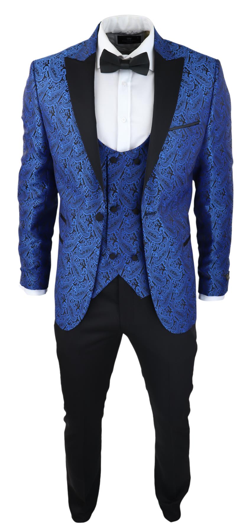 Mens Blue Tuxedo Blazer Waistcoat Brocade Black Satin Paisley Dinner Jacket