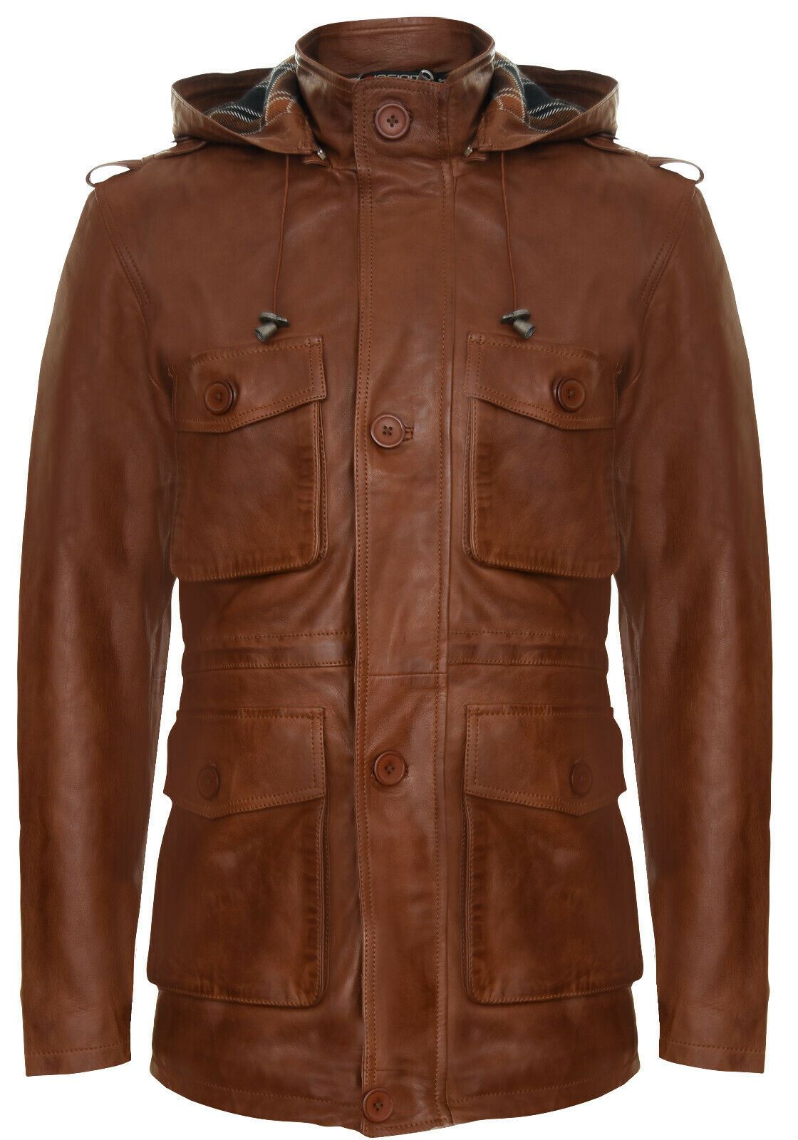 Mens Classic Leather Hooded Trench Overcoat-Edgware