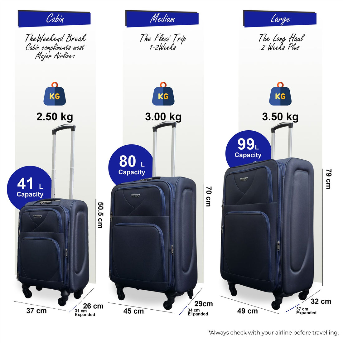 Nagoya Set of 3 Soft Shell Suitcase in Navy