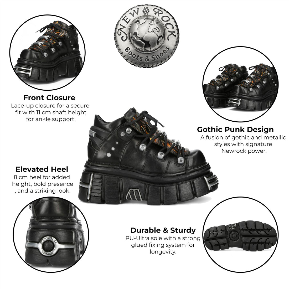 New Rock M-106N-C86 Black Flame Leather Gothic Ankle Platform Boots