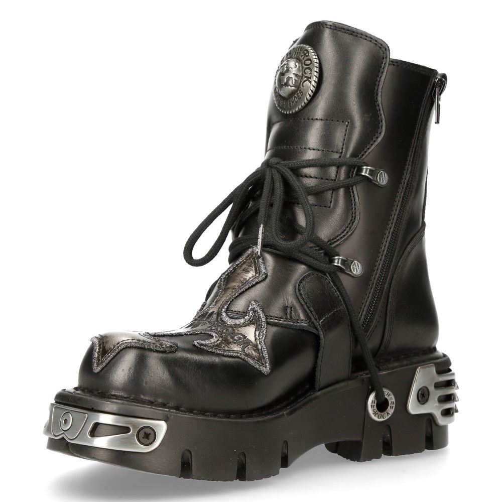 New Rock Silver Cross Black Leather Biker Boots-407-S1
