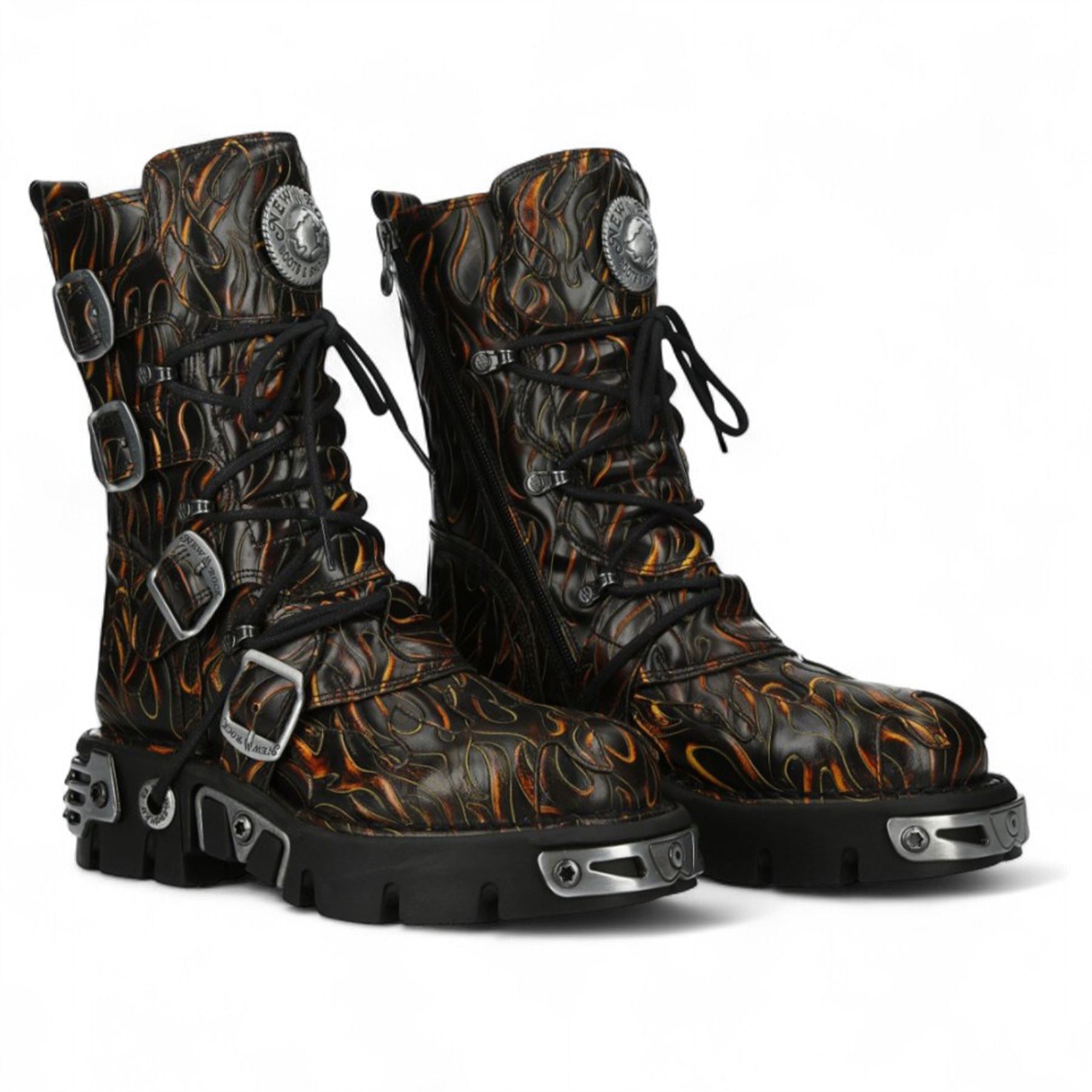 New Rock M-591-C62 Mid-Calf High Black Flame Leather Metallic Gothic Boots