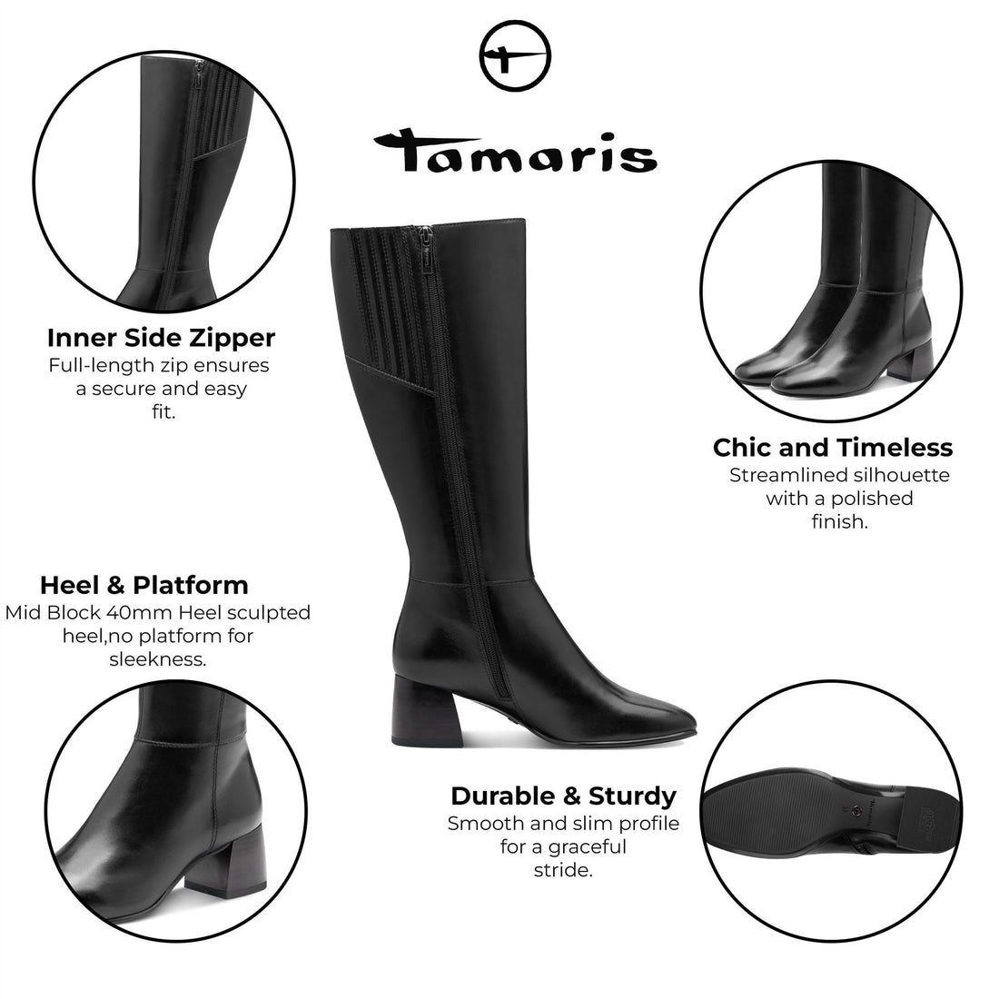 Tamaris Womens Black Leather Knee High Heel Riding Boots