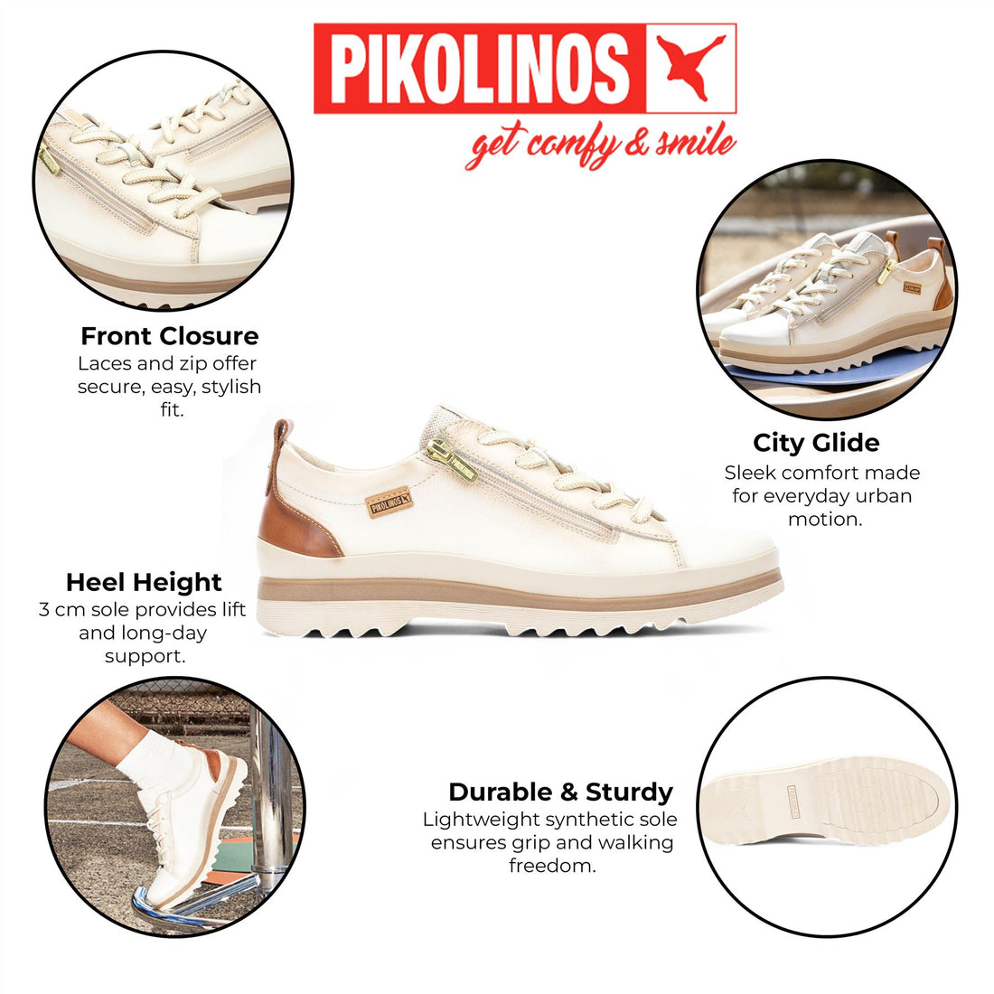 Pikolinos Women’s Nata White Leather Laces & Zipper Trainers - Vigo