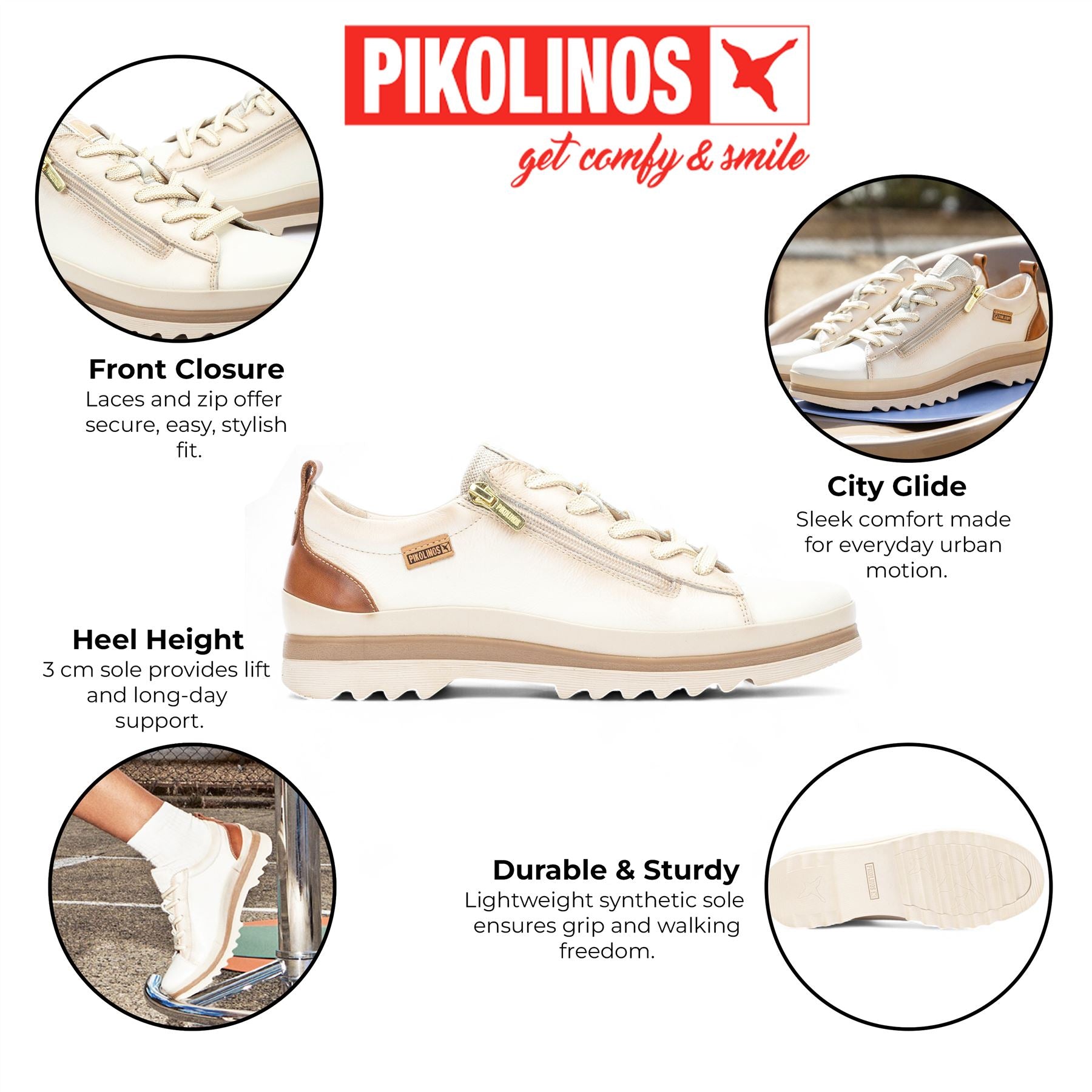 Pikolinos Women’s Nata White Leather Laces & Zipper Trainers - Vigo