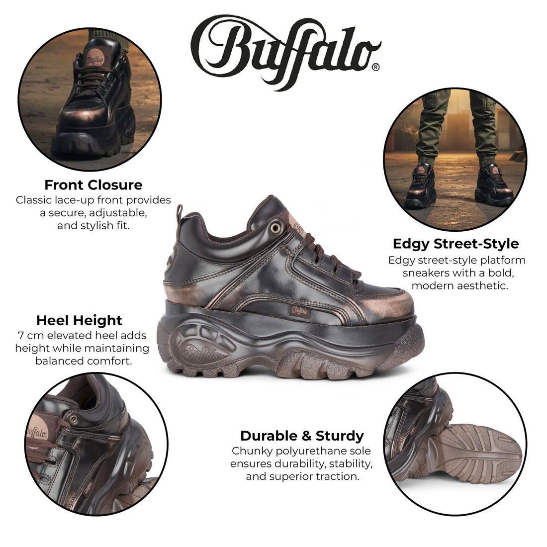 Buffalo Womens Vintage Brown Chunky Platform Fashion Trainers - 1339-14-VNTG