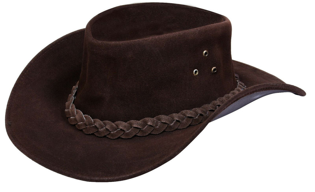 Australian Brown Western Style Cowboy Outback Real Suede Leather Aussie Bush Hat - Upperclass Fashions 