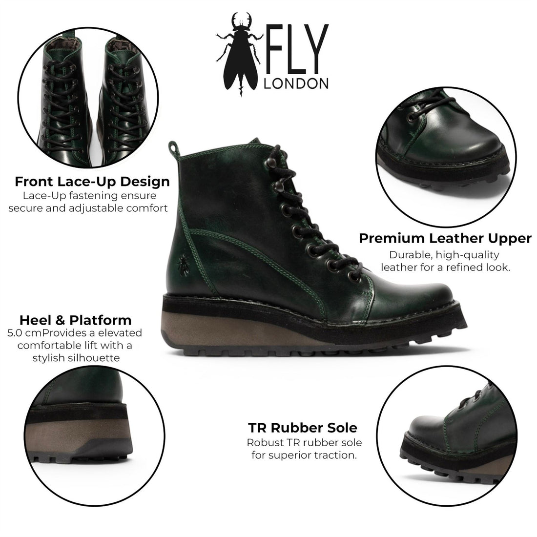 Fly London Womens Green Leather Lace-Up Ankle Boots - HAZI147