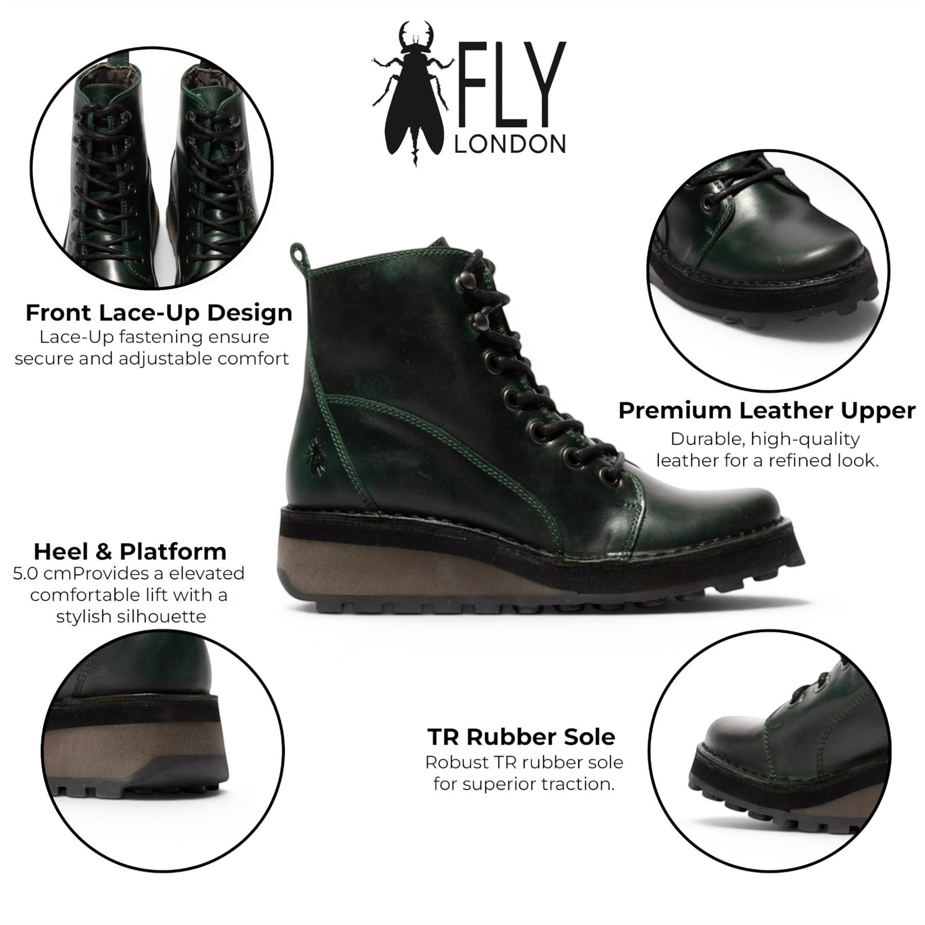 Fly London Womens Green Leather Lace-Up Ankle Boots - HAZI147
