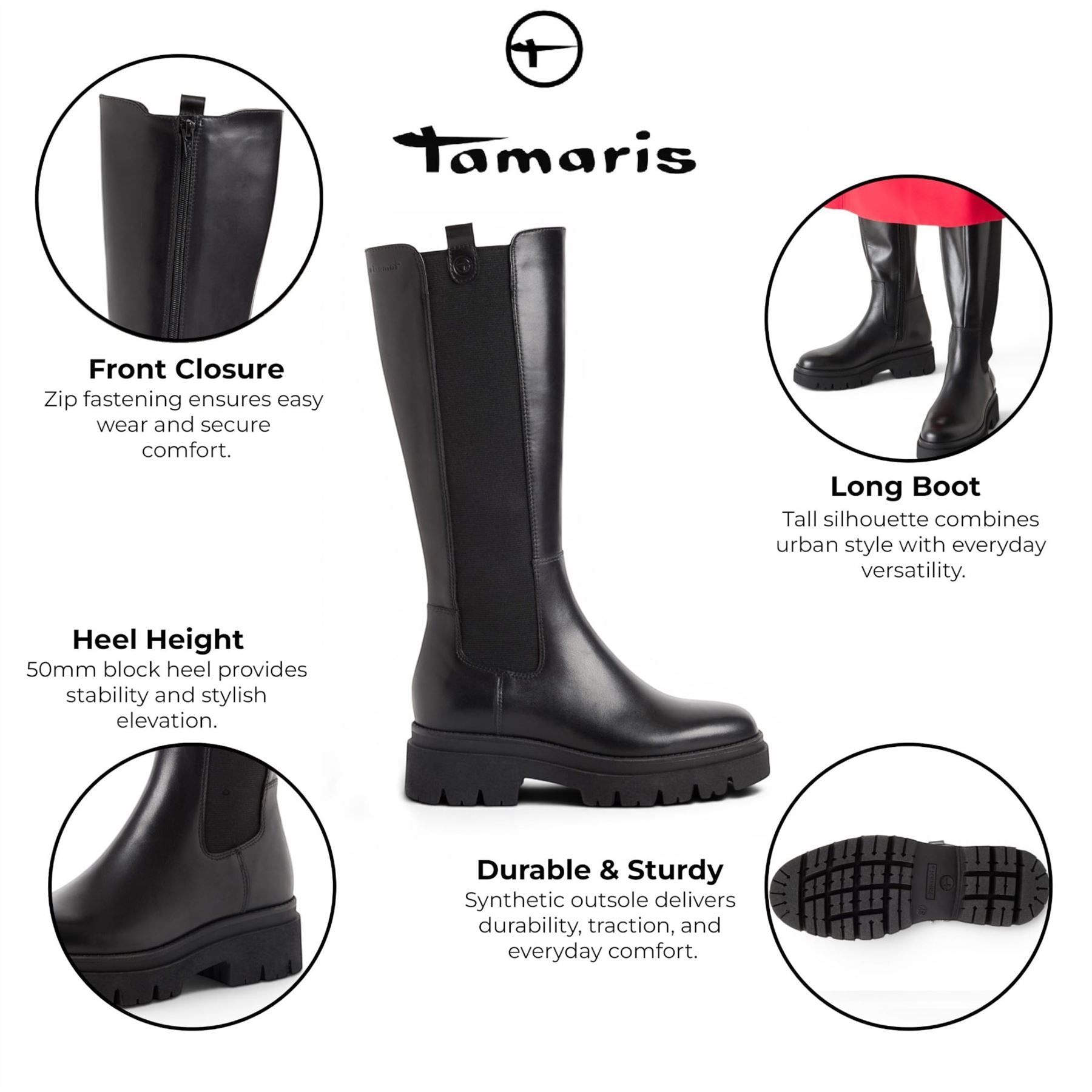 Tamaris Women’s Black Leather Knee High Platform Heel Long Boots - 25608-41