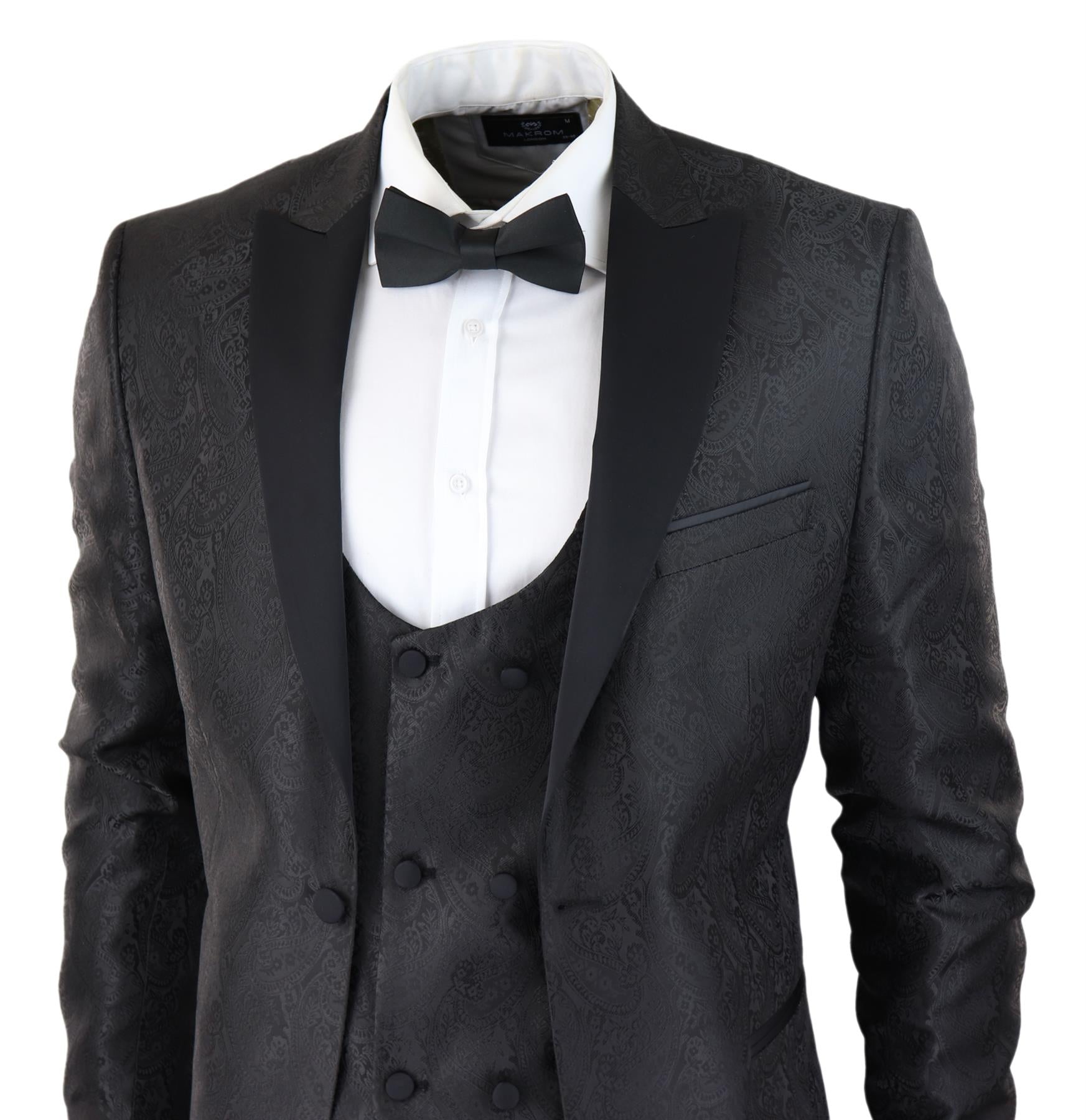 Mens Black Tuxedo Blazer Waistcoat Brocade Satin Paisley Formal Dinner Jacket