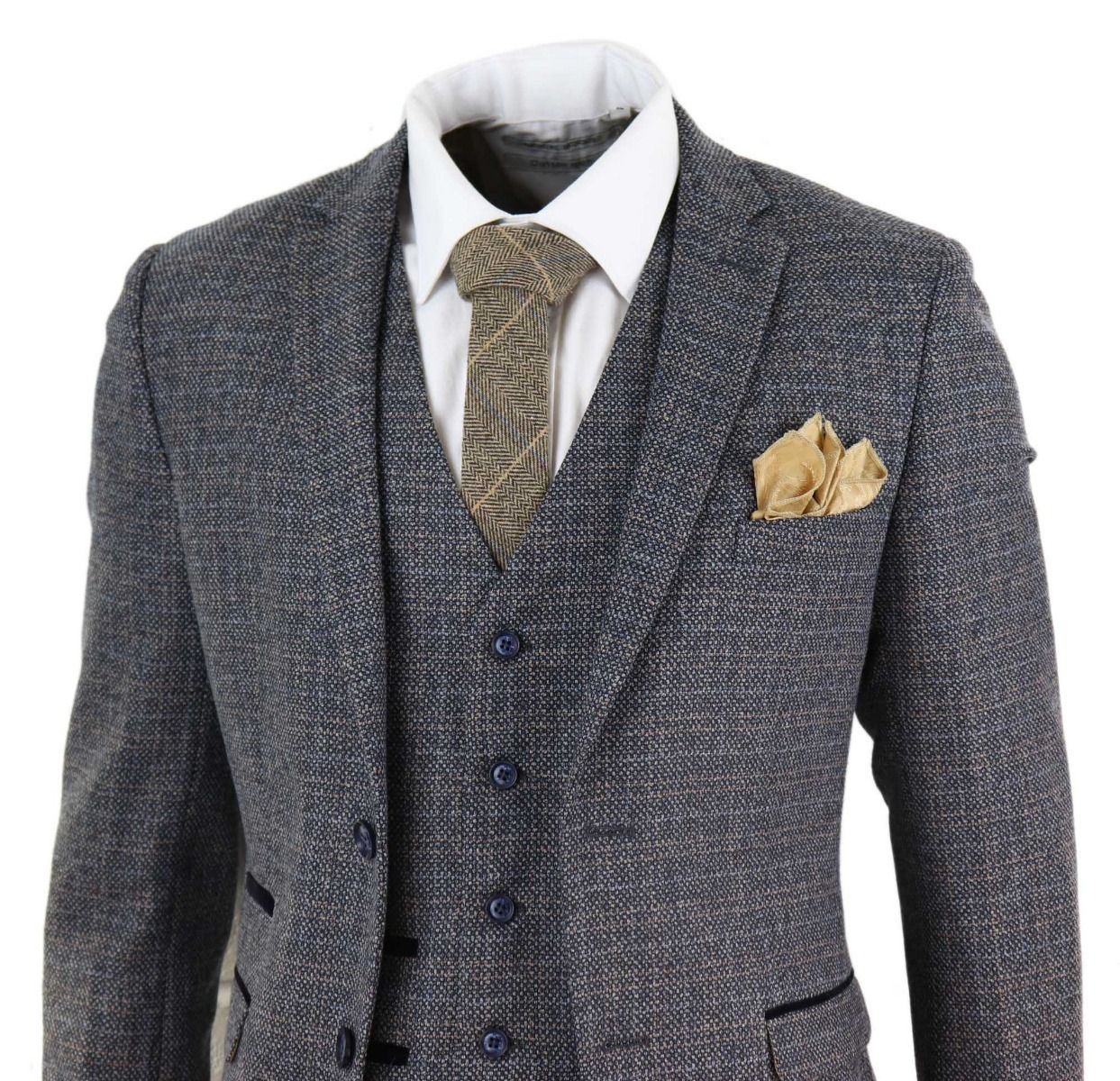 Mens 3 Piece Navy Blue Tweed Check Vintage Retro Suit