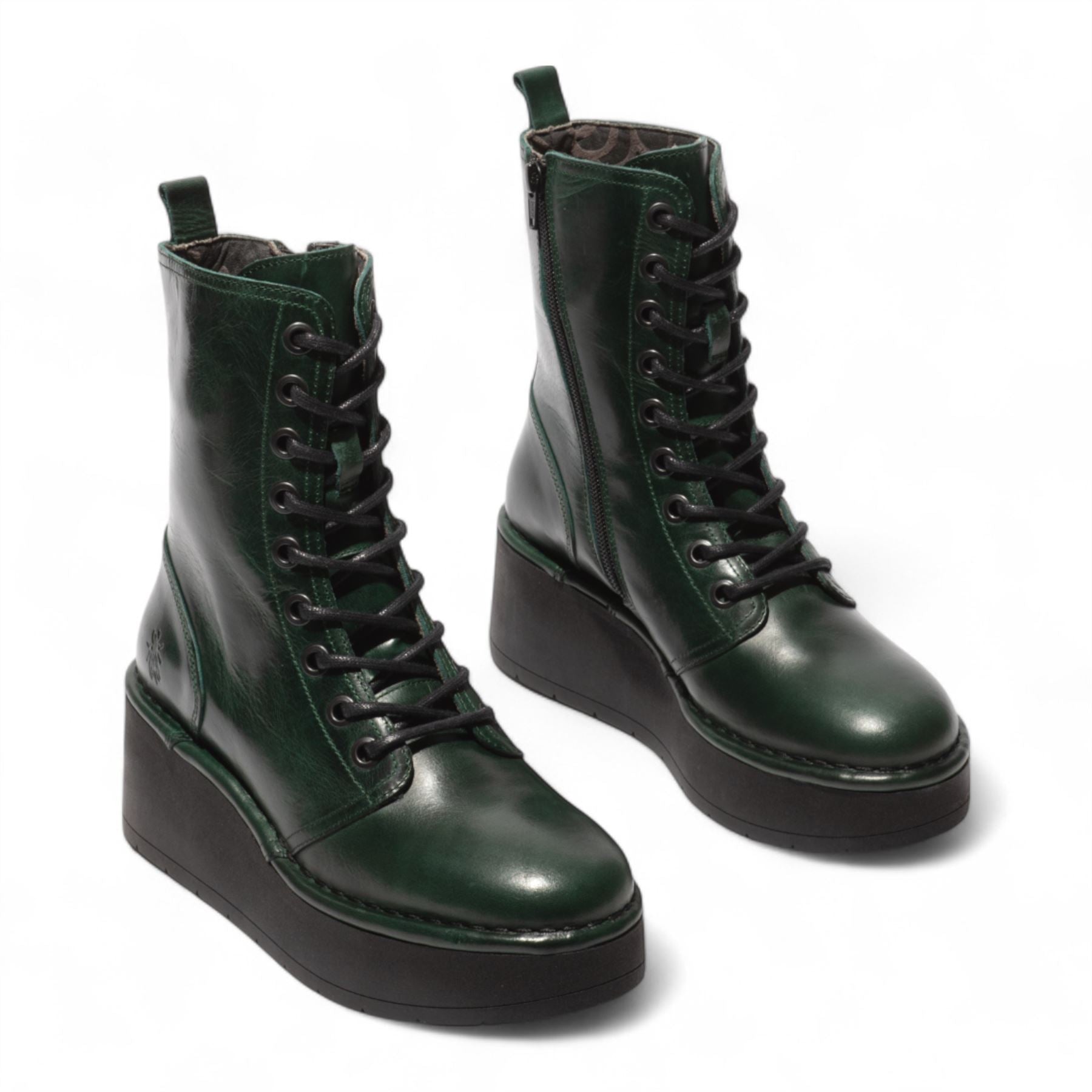Fly London Womens Petrol Green HAIT273 Leather Lace-up Chunky Platform Ankle Boots