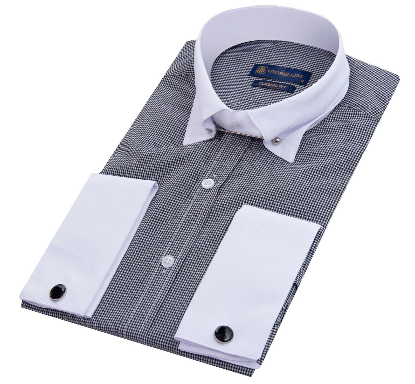 Mens Club Collar Black Shirt 1920s Peaky Blinders With Bar Poplin Pin Smart