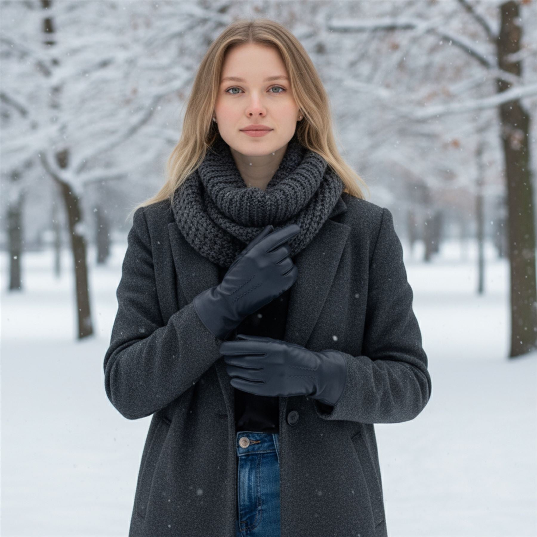 Womens Italian Leather Winter Stitch Line Design Soft Wool Lining Gloves