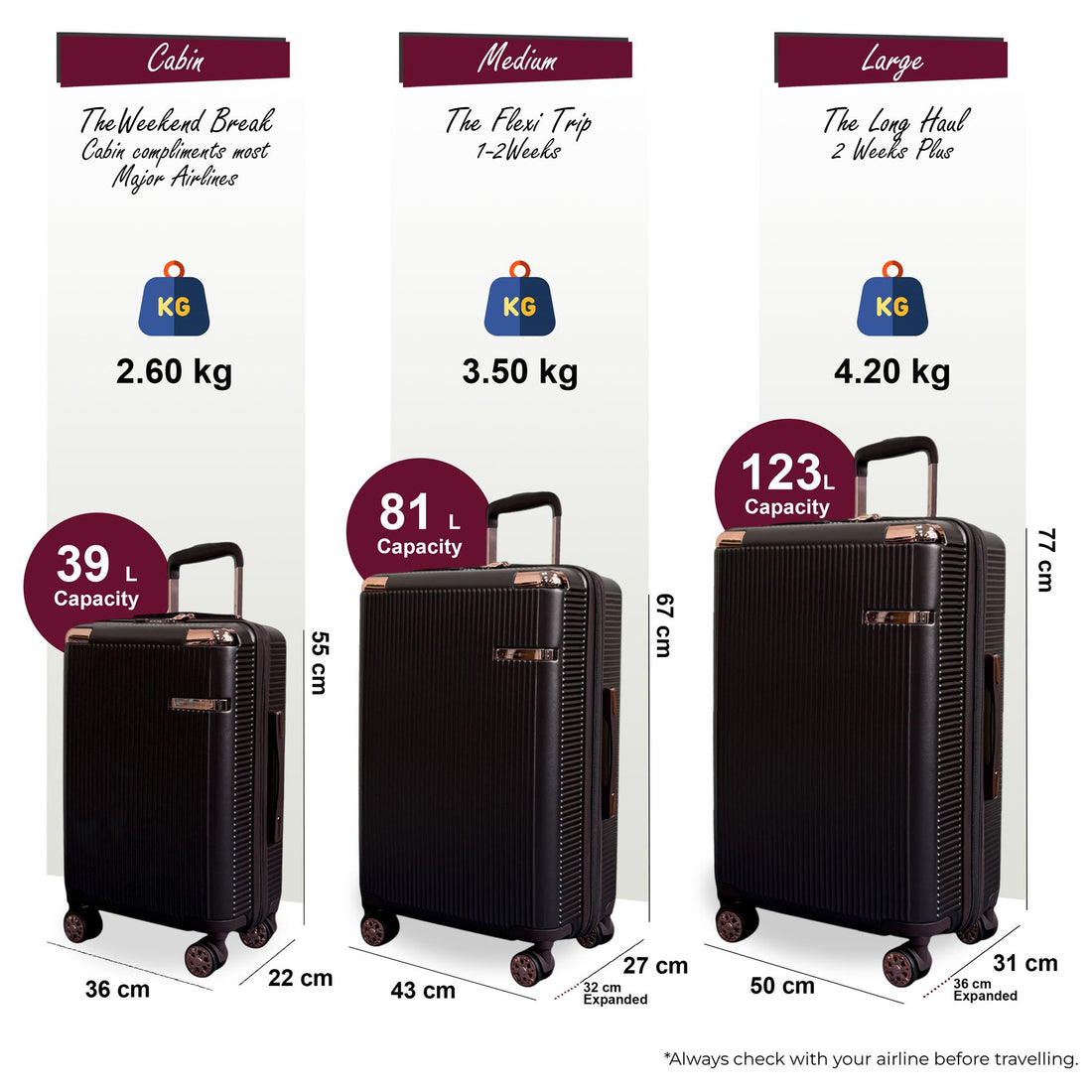 Cowra Set of 3 Hard Shell Suitcase in Marron
