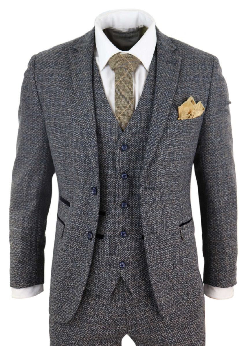 Mens 3 Piece Navy Blue Tweed Check Vintage Retro Suit