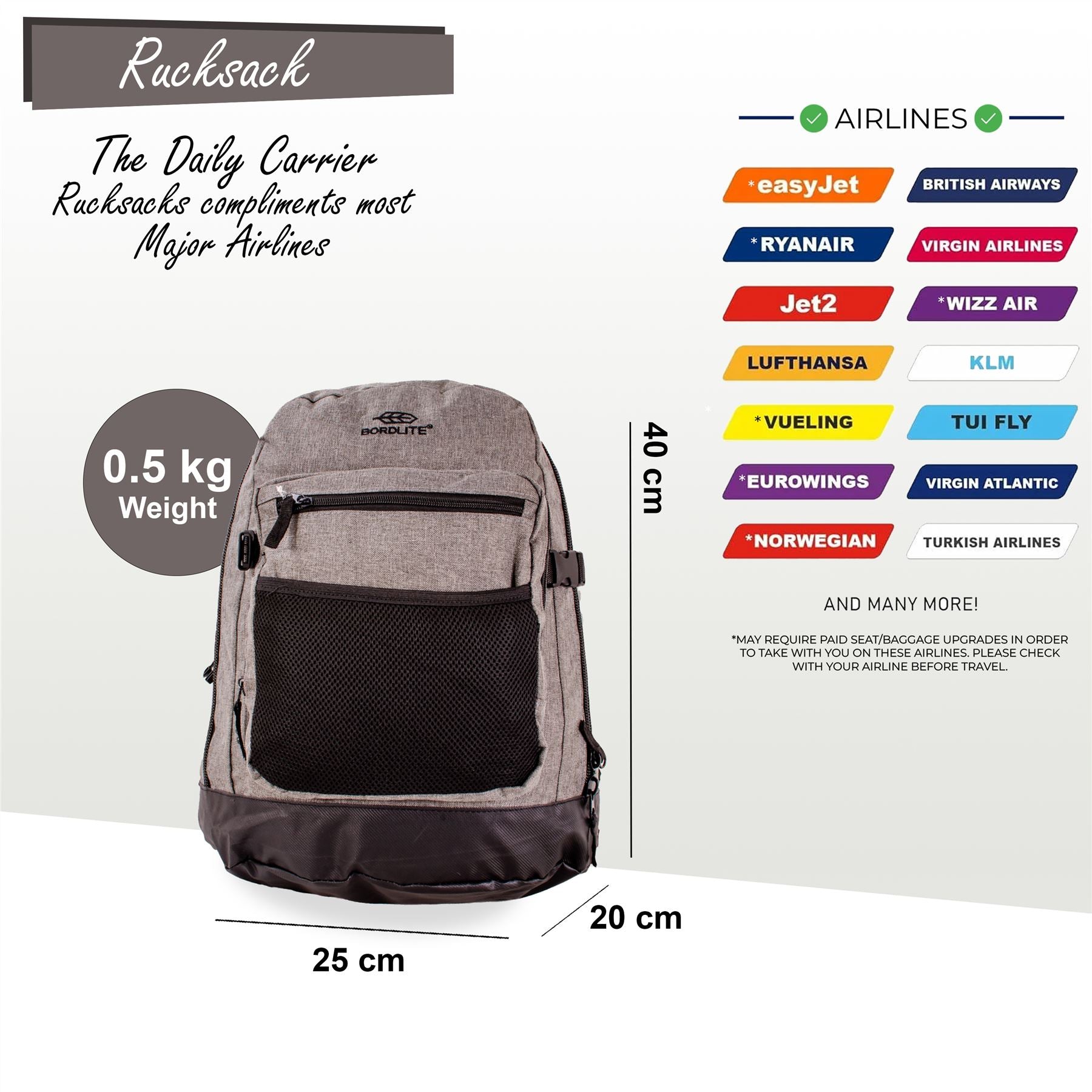 Backpack Rucksack 40x 20 x25cm Underseat Travel Cabin Bag for Ryanair, Easy Jet Grey