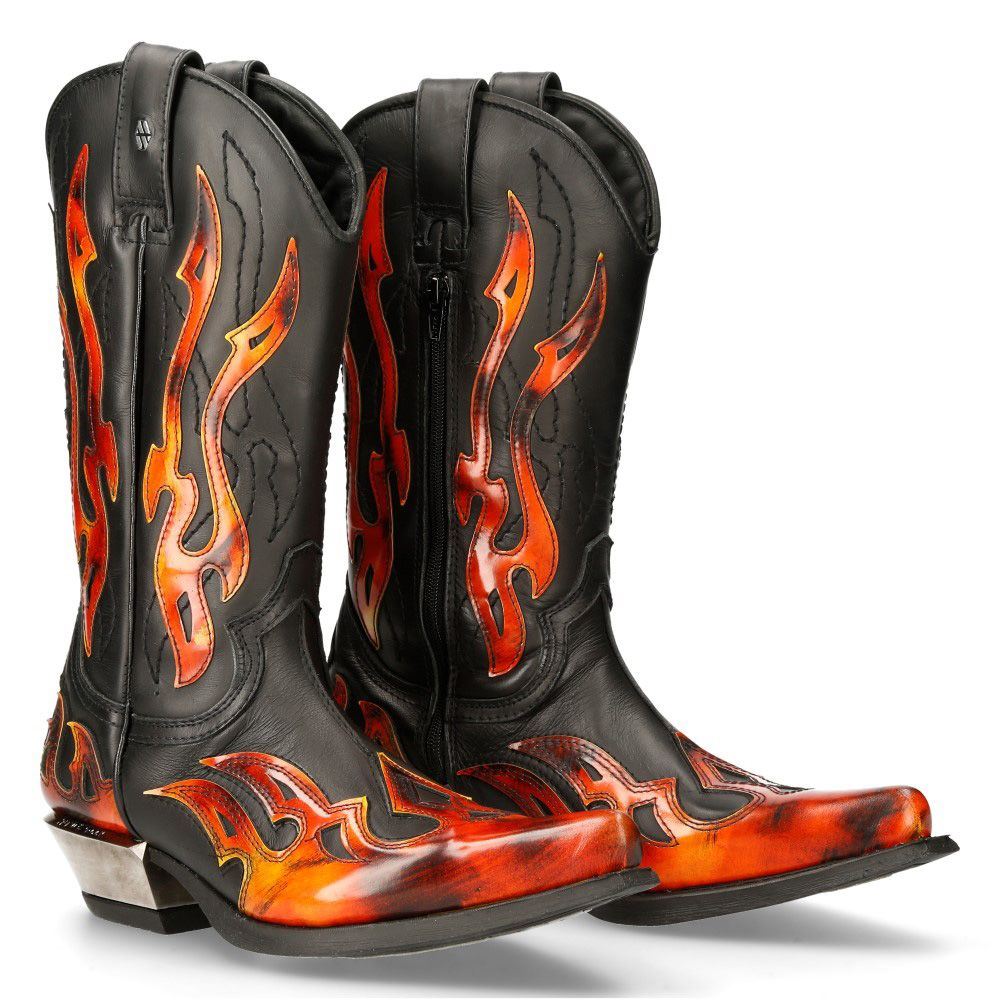 New Rock Flame Accented Black/Red Mid-Calf Cowboy Boots-7921-S2