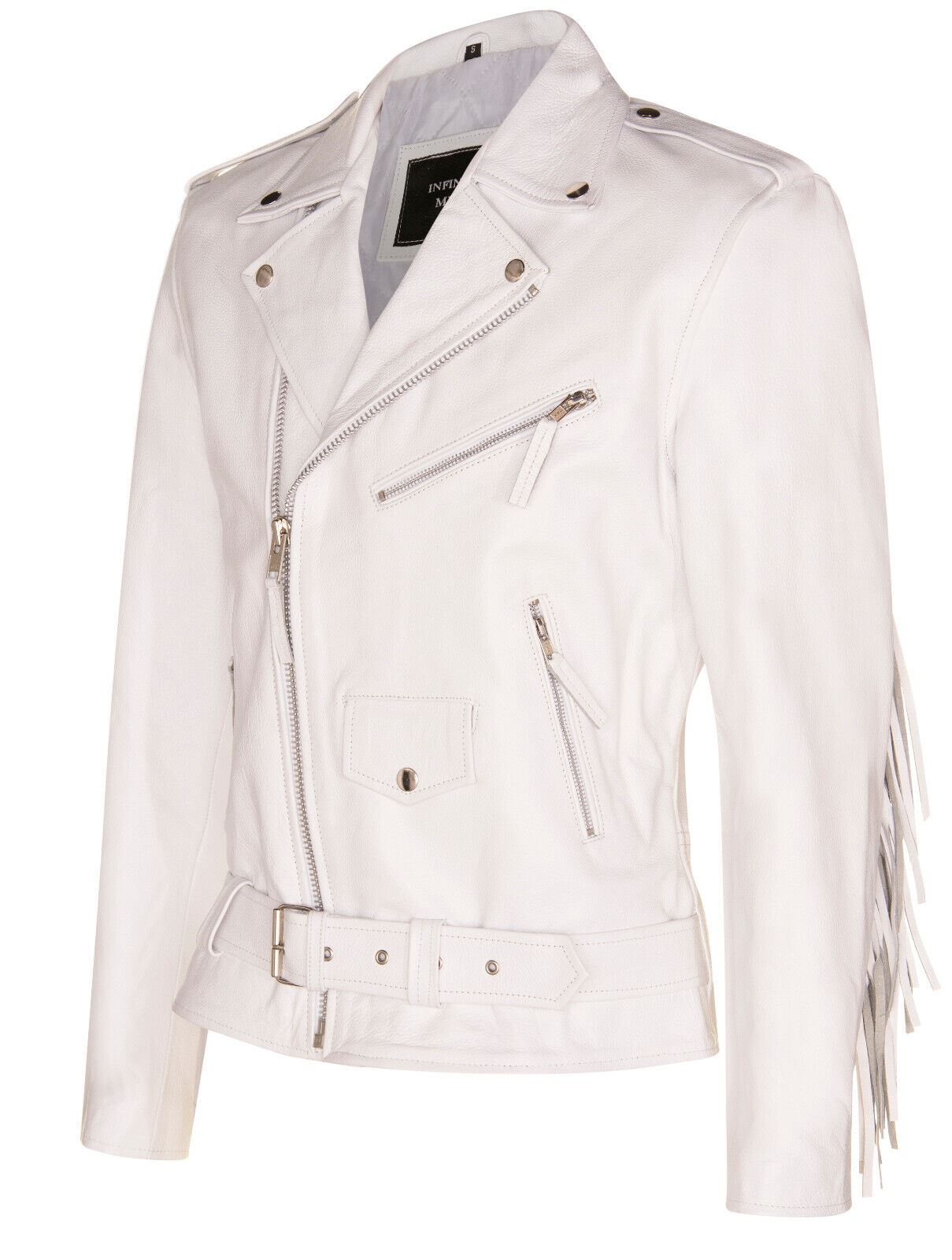 Mens Fringe Hide Leather Biker Jacket- Sevenoaks in White