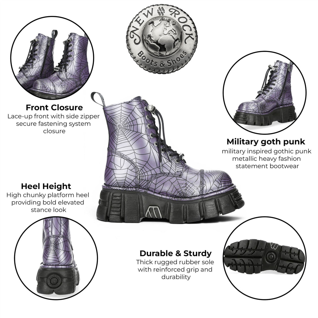 New Rock Purple Leather Gothic Military Biker Boots - MILI084N-S3