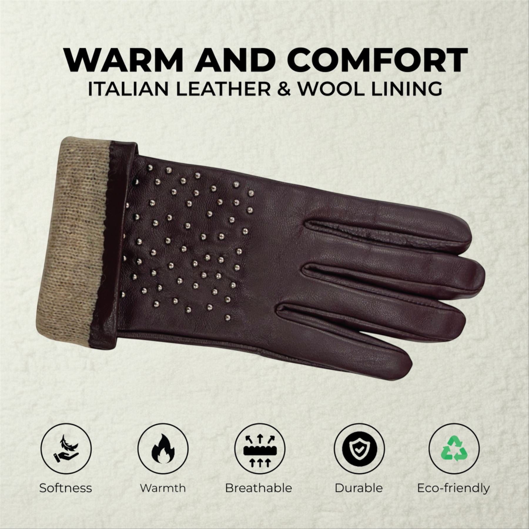 Womens Italian Leather Winter Studded Design Soft Wool Lining Gloves - L-GLV-601