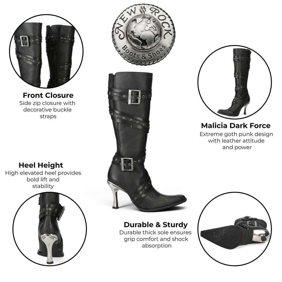 New Rock Womens Black Leather Gothic Knee-High Heeled Boots - M-9029-C10