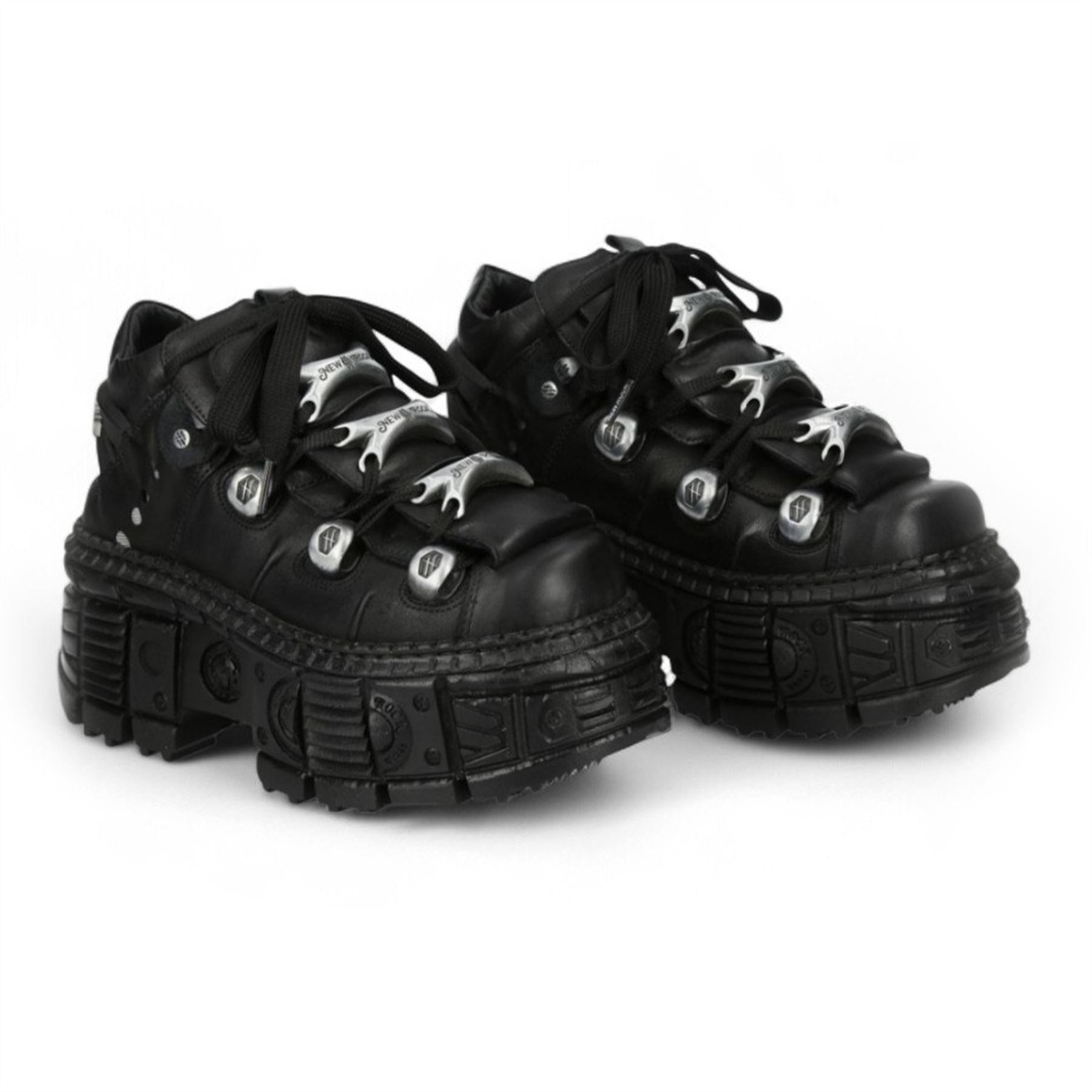 New Rock M-OVERZ106B-C1 Metallic Chunky Black Leather Gothic Ankle Boots