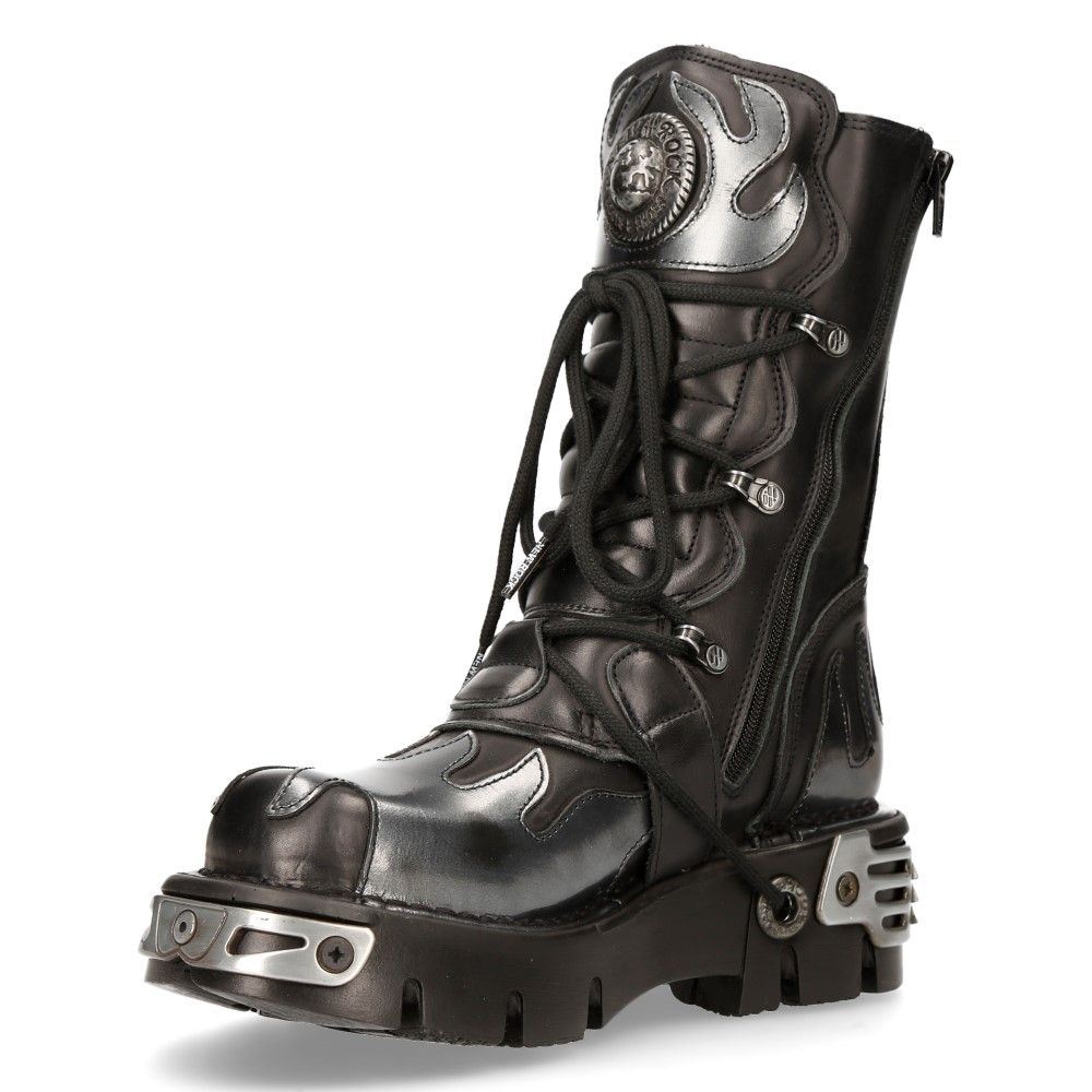 New Rock Flame Accented Black/Silver Leather Boots-591-S2