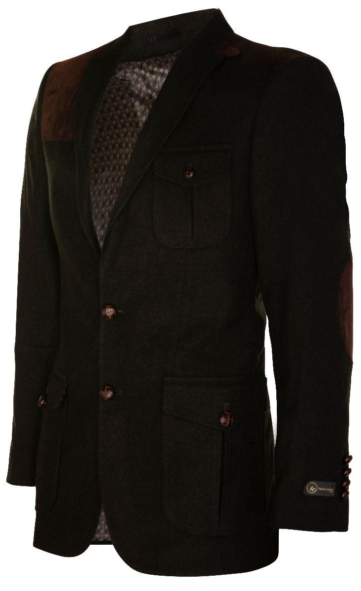Mens Wool Tweed Shooting Jacket Hunting Blazer Smart Casual Elbow Patch Olive