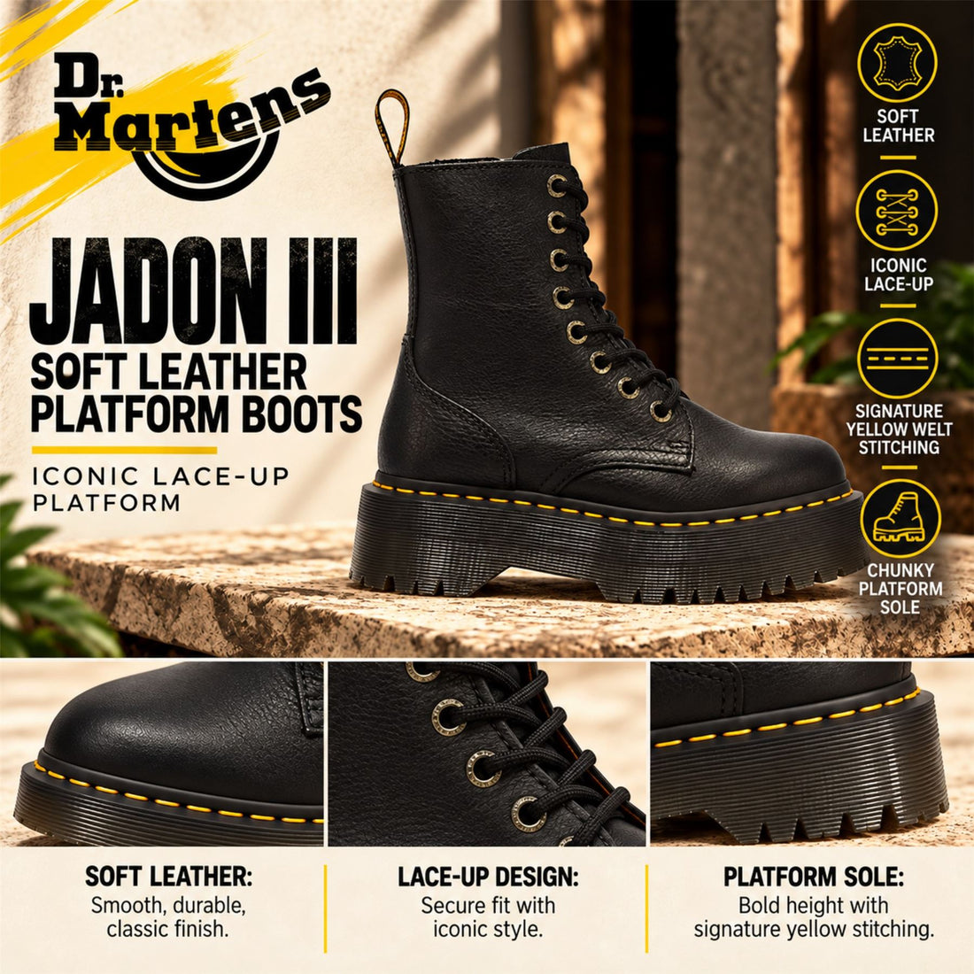 Dr Martens Jadon III Black Soft Leather Platform Boots -26378001