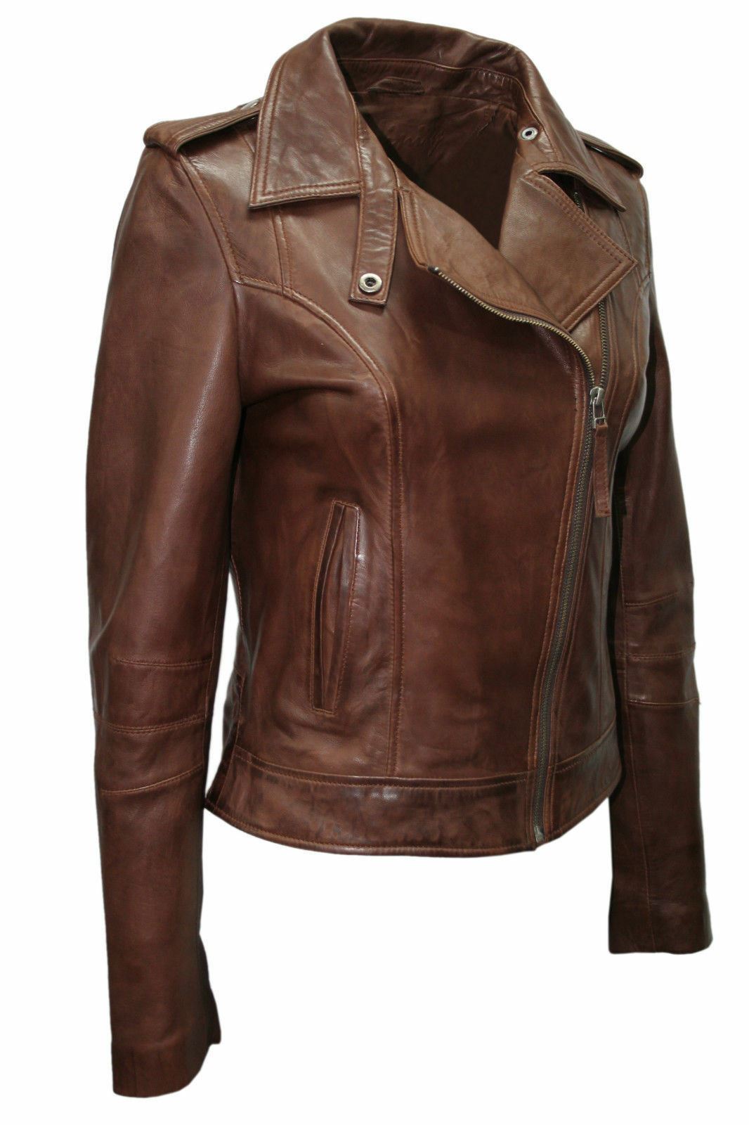 Womens Vintage Chestnut Leather Biker Jacket-Meltham