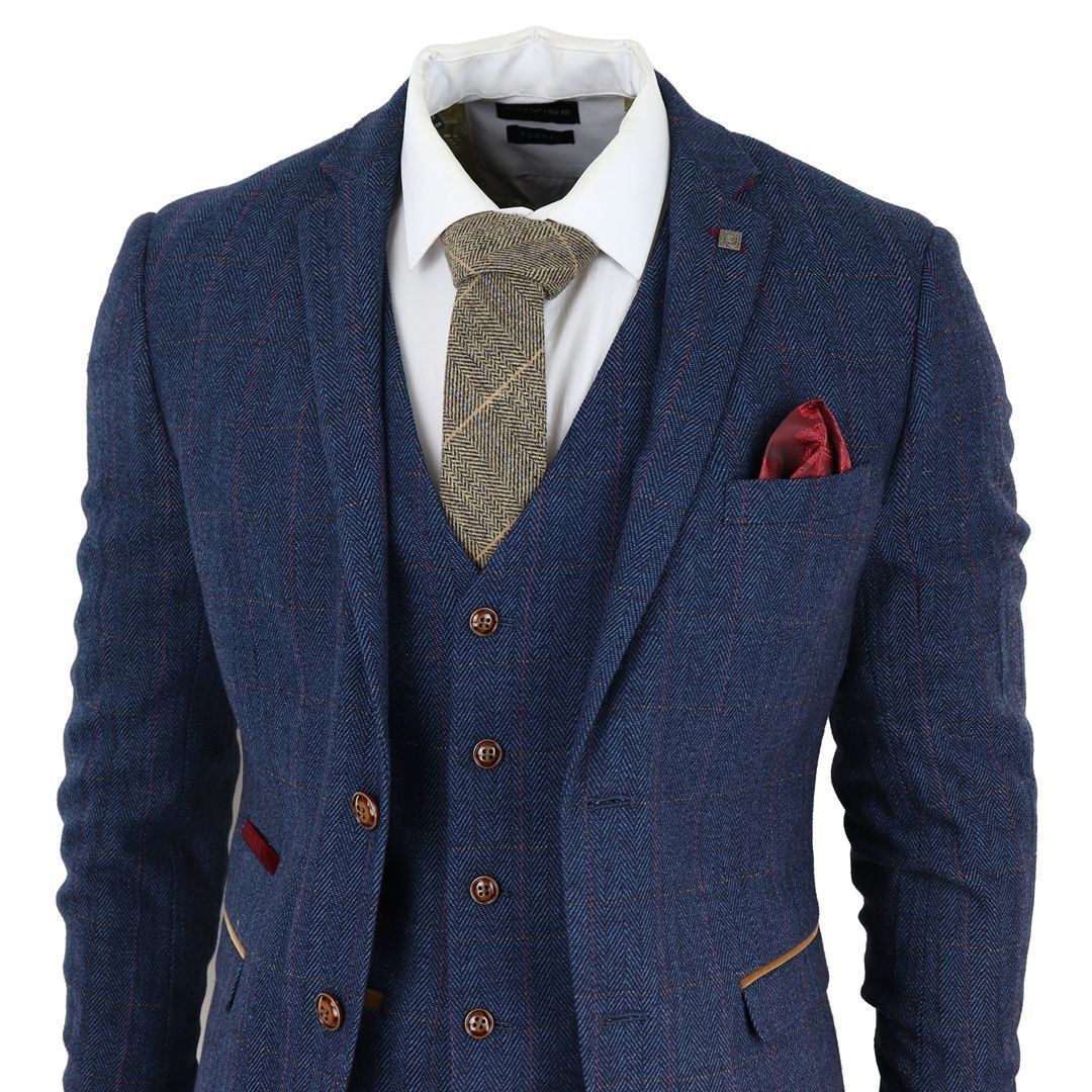 Mens Blue Tweed Check 3-Piece Suit