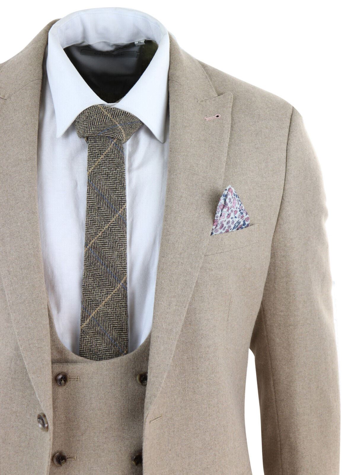 Mens Tweed 3 Piece Beige Formal Wedding Suit