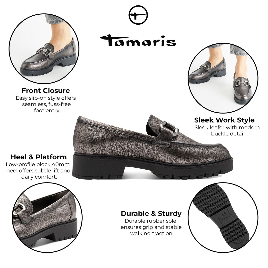 Tamaris Womens Pewter Silver Leather Loafers Slip-On Platform Shoes