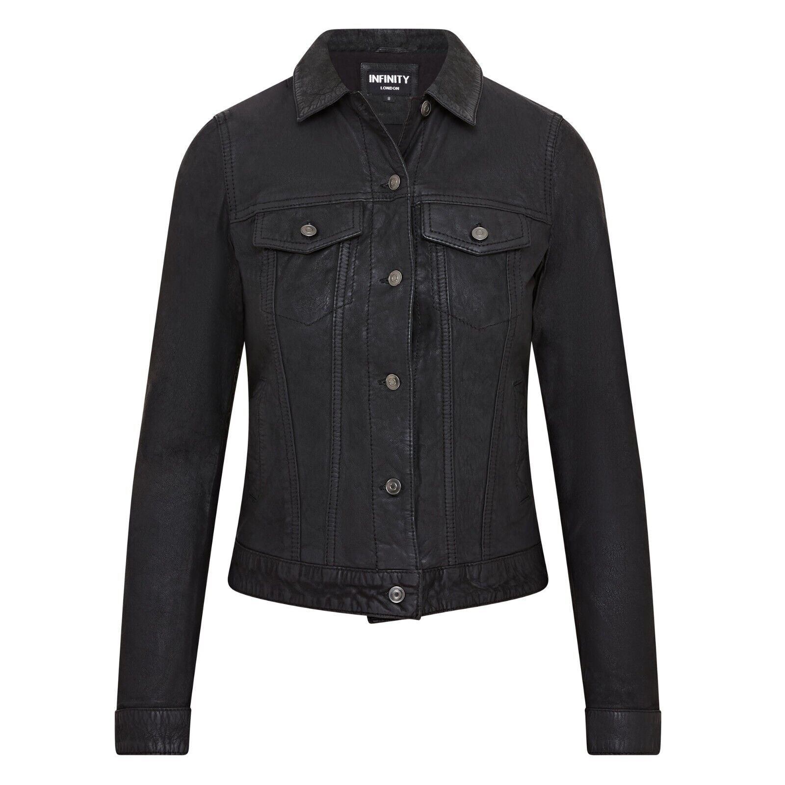 Womens Black Leather Trucker Jeans Jacket- Watton
